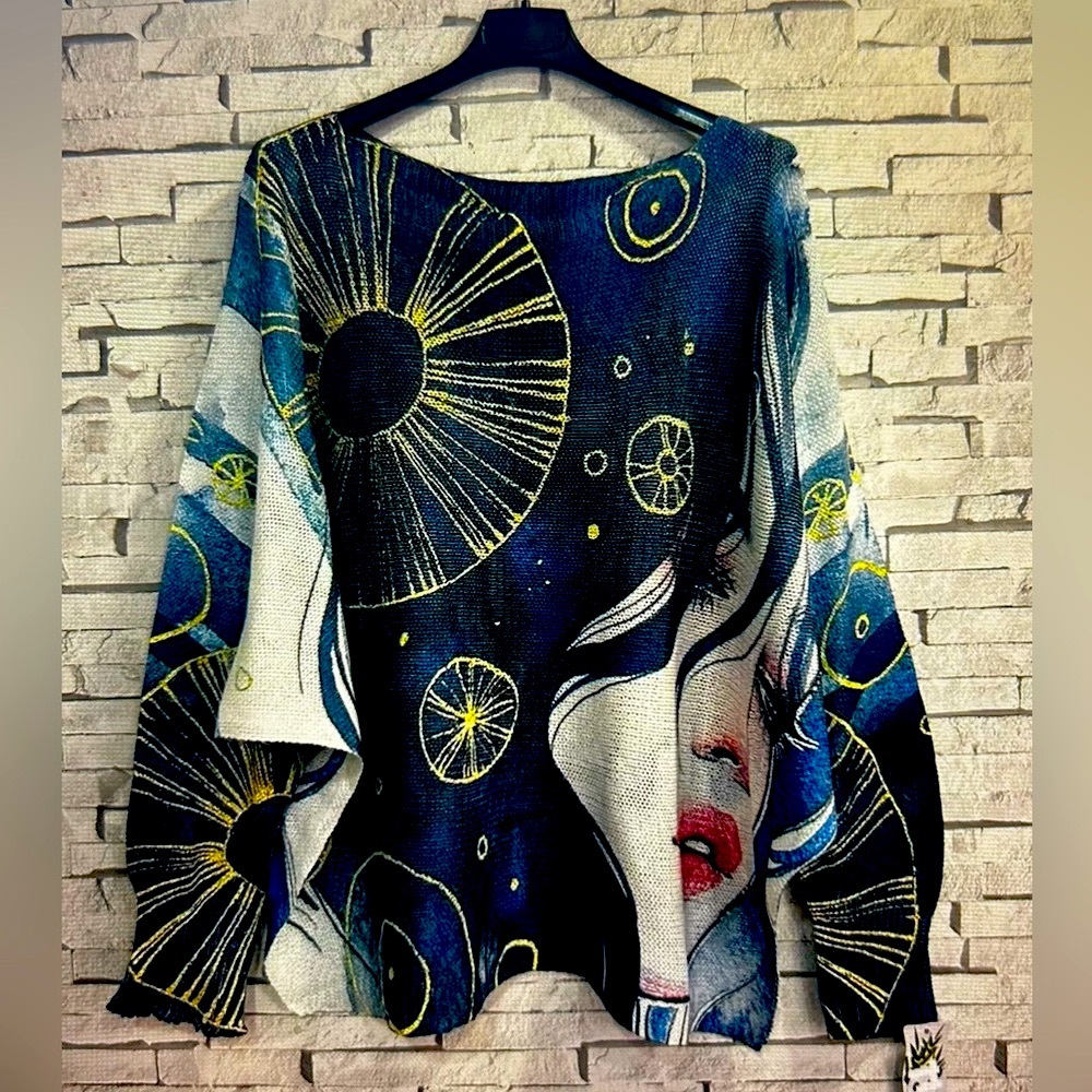 Blue “Picasso” Style Print Knit Sweater